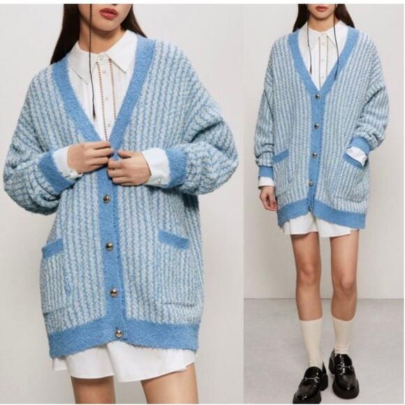 Zara Blue Chunky Oversized Tweed Striped Button Cardigan Sweater Size S - Picture 3 of 10
